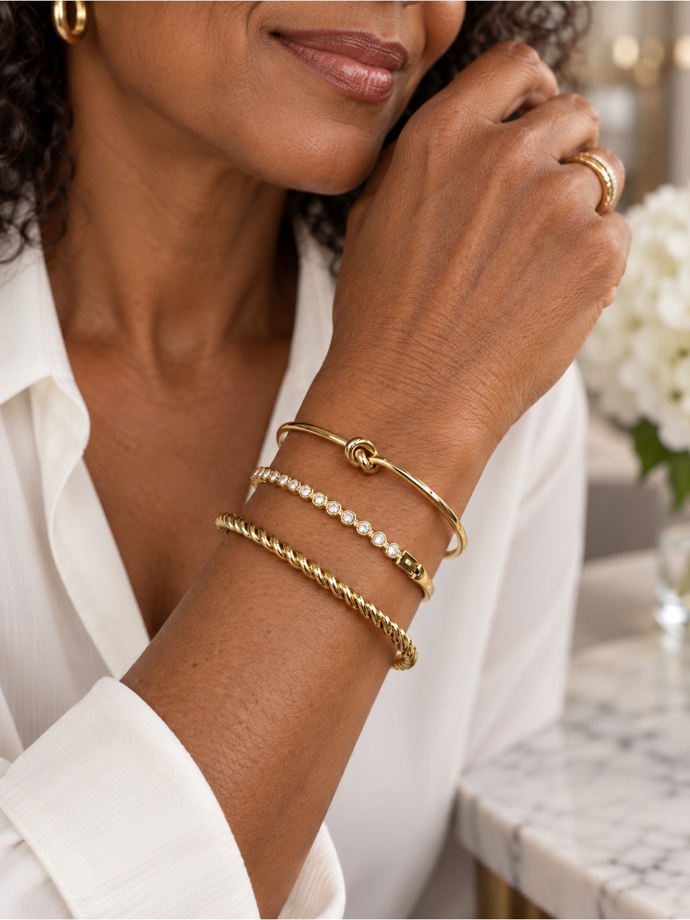 Gold Trio Bracelet Set with Knot Accent and Cubic Zirconia - Stainless Steel.